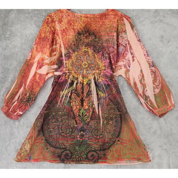 BLEU Shirt Womens Medium Multicolor Paisley Beaded Boho Long Sleeve Tunic Blouse - Picture 2 of 11